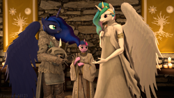 Size: 3840x2160 | Tagged: safe, artist:fireemerald123, imported from derpibooru, princess celestia, princess luna, tree of harmony, twilight sparkle, alicorn, anthro, unicorn, 3d, armor, banner, book, candle, clothes, dress, helmet, realistic wings, robes, source filmmaker, staff, sword, sæla, watermark, weapon, wings