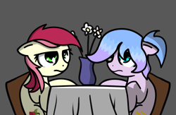 Size: 1280x836 | Tagged: safe, artist:meen-shei, artist:neuro, edit, roseluck, oc, oc:meen-shei, earth pony, pony, date, duo, female, flower, frown, glare, gray background, mare, simple background, simple background (261238), unamused, vase