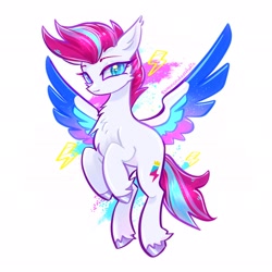 Size: 2048x2048 | Tagged: safe, artist:qwennondeathdie, imported from derpibooru, zipp storm, pegasus, pony, adorazipp, chest fluff, colored eyebrows, colored wings, cute, ear fluff, eyebrows, female, flying, g5, high res, looking at you, mare, multicolored wings, signature, simple background, solo, spread wings, unshorn fetlocks, white background, wings