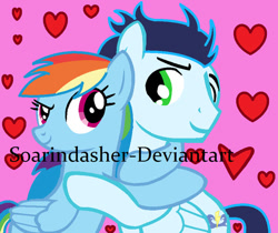 Size: 750x629 | Tagged: safe, artist:soarindasher, imported from derpibooru, rainbow dash, soarin', pegasus, pony, female, hug, male, mare, obtrusive watermark, shipping, soarindash, stallion, straight, watermark