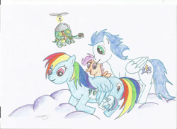 Size: 750x545 | Tagged: safe, artist:peggasistergrl26, imported from derpibooru, rainbow dash, scootaloo, soarin', tank, oc, oc:skylar, pegasus, pony, turtle, animal, family, female, filly, foal, hug, male, mare, offspring, parent:rainbow dash, parent:soarin', parents:soarindash, pet, scootalove, shipping, soarindash, stallion, straight, traditional art, winghug, wings