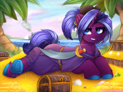 Size: 2666x2000 | Tagged: safe, artist:taiweiart, imported from derpibooru, oc, oc:black kraken pearl, oc:obsidian dread, pony, unicorn, beach, clothes, cloud, colored hooves, commission, cute, cutlass, ear piercing, earring, gold, hat, horn, jewelry, looking at you, lying down, male, money, ocean, outdoors, piercing, pirate, pirate hat, rule 63, sky, smiling, smiling at you, solo, sword, treasure, treasure chest, tree, unicorn oc, water, weapon