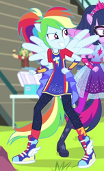 Size: 368x605 | Tagged: safe, imported from derpibooru, screencap, rainbow dash, sci-twi, twilight sparkle, cheer you on, equestria girls, equestria girls series, spoiler:eqg series (season 2), alternate hairstyle, big smile, boots, bracer, clothes, eyebrows, female, fist, grin, jewelry, knee-high boots, leggings, long shirt, offscreen character, offscreen female, pants, ponied up, pony ears, ponytail, raised eyebrow, regalia, shirt, shoes, sleeveless, sleeveless shirt, smiling, sneakers, socks, super ponied up, sweatpants, teeth, wings