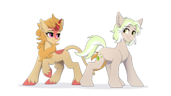 Size: 3840x2160 | Tagged: safe, artist:strafe blitz, imported from derpibooru, oc, oc only, oc:belisca, oc:falling leaves, earth pony, kirin, pony, duo, earth pony oc, kirin oc, looking at each other, looking at someone, raised hoof, simple background, transparent background