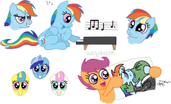 Size: 732x445 | Tagged: safe, artist:aprilfools, lemon hearts, minuette, rainbow dash, scootaloo, twinkleshine, windy whistles, oc, oc:anon, pegasus, pony, unicorn, /bale/, drawing, female, kissing, mare, music notes, musical instrument, piano, pixel art, simple background, text, transparent background