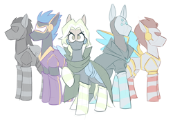 Size: 3552x2466 | Tagged: safe, artist:luximus17, imported from derpibooru, oc, oc:falling leaves, cyborg, earth pony, pegasus, pony, armor, clothes, cybernetic wings, shadowbolts, simple background, socks, striped socks, white background, wings