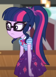 Size: 237x324 | Tagged: safe, imported from derpibooru, screencap, sci-twi, twilight sparkle, human, equestria girls, equestria girls series, holidays unwrapped, spoiler:eqg series (season 2), bowtie, clothes, cropped, cutie mark, cutie mark on clothes, disappointed, female, geode of telekinesis, glasses, hair, jewelry, magical geodes, pendant, pocket, polo shirt, ponytail, sad, shirt, skirt, slouching, teenager, the cider louse fools