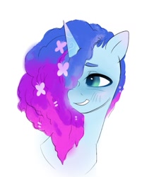 Size: 1411x1498 | Tagged: safe, artist:aztrial, imported from derpibooru, butterfly, pony, unicorn, bust, cornrows, g5, misty brightdawn, portrait, rebirth misty, simple background, smiling, solo, white background