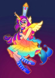 Size: 728x1024 | Tagged: safe, artist:catmintyt, imported from derpibooru, sunny starscout, human, elf ears, g5, gradient background, horn, horned humanization, humanized, magical girl, roller skates, skates, solo, sword, weapon, wings