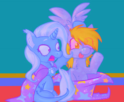 Size: 2048x1687 | Tagged: safe, artist:sludgefiend, imported from derpibooru, derpy hooves, trixie, pegasus, pony, unicorn, bunny out of the hat, eye clipping through hair, magic trick, open mouth, shocked, shocked expression, tongue out