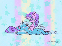 Size: 1342x1006 | Tagged: safe, artist:flutterberrypie, imported from derpibooru, starlight glimmer, trixie, pony, unicorn, blushing, colored pinnae, duo, duo female, eye clipping through hair, eyes closed, female, g4, happy, horn, lesbian, looking at someone, lying down, mare, no pupils, open mouth, open smile, shipping, signature, smiling, startrix