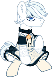 Size: 845x1247 | Tagged: safe, artist:yeetmedownthestairs, imported from derpibooru, double diamond, earth pony, pony, clothes, collar, commission, crossdressing, maid, male, simple background, sitting, socks, solo, stallion, stockings, thigh highs, transparent background, unamused, ych result