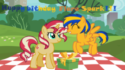 Size: 5340x3000 | Tagged: safe, artist:shield-wing1996, imported from derpibooru, sunset shimmer, oc, oc:flare spark, pegasus, pony, unicorn, equestria girls, birthday, female, happy, happy birthday, jumping, park, picnic, picnic blanket, present, smiling