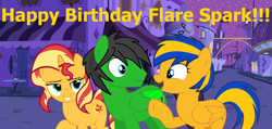 Size: 7467x3542 | Tagged: safe, artist:star-armour95, imported from derpibooru, sunset shimmer, oc, oc:flare spark, oc:star armour, pegasus, pony, unicorn, birthday, canterlot, female, happy birthday, male, mare, night, stallion