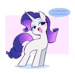 Size: 1703x1689 | Tagged: safe, artist:syrupyyy, imported from derpibooru, rarity, pony, unicorn, air fryer, eyeshadow, female, makeup, mare, meme, missing cutie mark, open mouth, passepartout, simple background, solo, white background