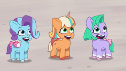 Size: 1920x1080 | Tagged: safe, imported from derpibooru, screencap, earth pony, pegasus, pony, unicorn, spoiler:g5, spoiler:my little pony: tell your tale, spoiler:tyts01e07, accessory, clip trot, cute, female, filly, foal, g5, glory (g5), happy, my little pony: tell your tale, peach fizz, pippsqueak trio, pippsqueaks, ribbon, seashell (g5), smiling, trio