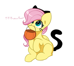 Size: 3741x3362 | Tagged: safe, artist:kittyrosie, imported from derpibooru, fluttershy, pegasus, pony, blush lines, blushing, clothes, costume, cute, daaaaaaaaaaaw, female, fluttercat, halloween, halloween costume, heart, heart eyes, holiday, mare, mouth hold, pumpkin bucket, shyabetes, simple background, sitting, weapons-grade cute, white background, wingding eyes