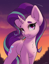 Size: 1900x2500 | Tagged: safe, artist:skitsroom, imported from derpibooru, starlight glimmer, pony, unicorn, chest fluff, colored eyebrows, cute, eyebrows, female, g4, glimmerbetes, high res, horn, looking at you, mare, outdoors, shooting star, signature, sky, smiling, smiling at you, solo, stars