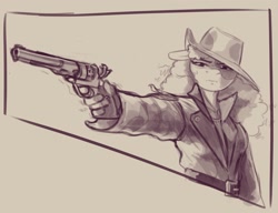 Size: 2048x1573 | Tagged: safe, artist:shouldbedrawing, imported from derpibooru, oc, oc only, oc:golden rose, anthro, earth pony, fallout equestria, clothes, cowboy hat, fallout equestria oc, female, gun, handgun, hat, mare, monochrome, revolver, sepia, solo, trenchcoat, weapon