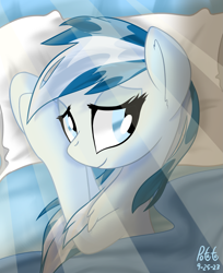 Size: 1709x2096 | Tagged: safe, artist:notadeliciouspotato, imported from derpibooru, oc, oc only, oc:serene dive, earth pony, blanket, chest fluff, crepuscular rays, female, lidded eyes, mare, morning, morning ponies, pillow, signature, smiling, solo