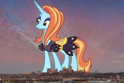 Size: 1600x1068 | Tagged: safe, artist:starryshineviolet, edit, editor:jaredking779, imported from derpibooru, sassy saddles, pony, unicorn, clothes, dress, eyeshadow, female, giant pony, giantess, highrise ponies, irl, kansas city, macro, makeup, mare, missouri, photo, ponies in real life, saddle, solo, story included, tack