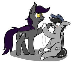 Size: 1000x856 | Tagged: safe, artist:lostbrony, imported from derpibooru, oc, oc only, oc:chopsticks, oc:specter, bat pony, pegasus, pony, boop, cheek fluff, chest fluff, fangs, floppy ears, gritted teeth, hat, male, non-consensual booping, simple background, sitting, stallion, teeth, unshorn fetlocks, white background