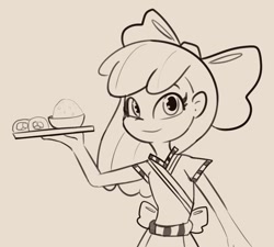 Size: 1201x1080 | Tagged: safe, artist:tjpones, imported from derpibooru, apple bloom, human, food, gray background, grayscale, humanized, looking at you, monochrome, rice, simple background, smiling, smiling at you, solo, sushi, tray