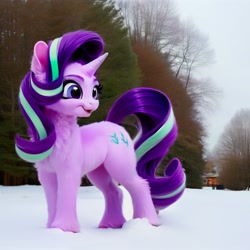 Size: 1536x1536 | Tagged: safe, imported from derpibooru, starlight glimmer, pony, unicorn, ai content, ai generated, chest fluff, female, fluffy, fur, generator:pony diffusion v5, generator:stable diffusion, irl, looking sideways, mare, open mouth, open smile, photo, ponies in real life, prompter:siber, realistic, smiling, snow, solo, standing, tree