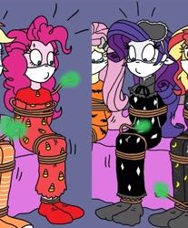 Size: 2706x3264 | Tagged: safe, artist:bugssonicx, edit, imported from derpibooru, fluttershy, pinkie pie, rainbow dash, rarity, sunset shimmer, human, equestria girls, bondage, bound and gagged, cloth gag, clothes, dress, gag, halloween, haunted house, holiday, long dress, long skirt, nightgown, over the nose gag, pajamas, palindrome get, skirt, sleep mask, sleepover, slumber party, tied up