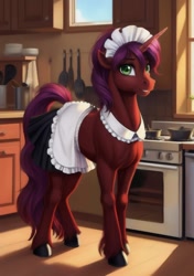 Size: 768x1088 | Tagged: safe, imported from derpibooru, oc, oc only, oc:jackie pie, pony, unicorn, ai content, ai generated, clothes, crossdressing, cute, femboy, fetish, generator:stable diffusion, kitchen, maid, male, prompter:jackiepie, stallion