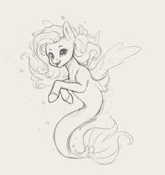 Size: 3092x3272 | Tagged: safe, artist:miokomata, imported from derpibooru, fluttershy, pony, seapony (g4), cute, female, mare, monochrome, seaponified, seapony fluttershy, shyabetes, sketch, solo, species swap, underwater, water