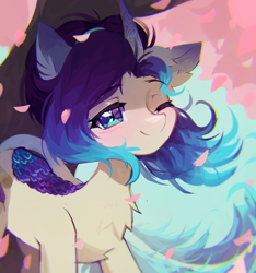 Size: 3000x3200 | Tagged: safe, artist:astralblues, imported from derpibooru, oc, oc only, oc:gentle spring, kirin, pony, chest fluff, eyebrows, eyebrows visible through hair, female, high res, horn, kirin oc, mare, one eye closed, smiling, solo