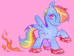 Size: 1075x817 | Tagged: safe, artist:shugrcube, imported from derpibooru, rainbow dash, pegasus, pony, cars (pixar), clothes, crocs, fire, grin, lightning mcqueen, pink background, raised hoof, shoes, simple background, smiling, solo, spread wings, wings