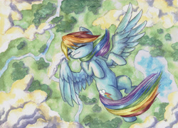 Size: 6948x5043 | Tagged: safe, artist:the-wizard-of-art, imported from derpibooru, rainbow dash, pegasus, pony, absurd file size, absurd resolution, belly, cute, dashabetes, eyebrows, eyes closed, female, floating, flying, g4, mare, peaceful, smiling, solo, spread wings, traditional art, watercolor painting, wings