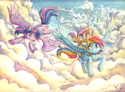 Size: 6895x5064 | Tagged: safe, artist:the-wizard-of-art, imported from derpibooru, rainbow dash, scootaloo, twilight sparkle, alicorn, pegasus, pony, absurd resolution, cloud, cloudsdale, colored eyebrows, commission, cutie mark, eyebrows, female, filly, flying, foal, g4, horn, looking at each other, looking at someone, mare, open mouth, open smile, ponies riding ponies, riding, scootaloo riding rainbow dash, scootalove, signature, sky, smiling, smiling at each other, spread wings, the cmc's cutie marks, traditional art, trio, twilight sparkle (alicorn), underhoof, watercolor painting, wings