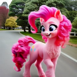 Size: 1536x1536 | Tagged: safe, imported from derpibooru, pinkie pie, earth pony, pony, ai content, ai generated, chest fluff, female, generator:pony diffusion v5, generator:stable diffusion, irl, mare, open mouth, open smile, outdoors, photo, ponies in real life, prompter:siber, raised hoof, realistic, road, smiling, solo, tree, walking