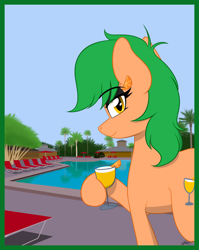 Size: 1592x2000 | Tagged: safe, artist:seafooddinner, imported from derpibooru, oc, oc only, oc:morning mimosa, earth pony, pony, drink, earth pony oc, eyeshadow, female, hoof hold, lidded eyes, looking at you, makeup, mare, outdoors, passepartout, smiling, solo, swimming pool, tree