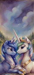 Size: 440x968 | Tagged: safe, imported from derpibooru, princess celestia, princess luna, alicorn, pony, ai content, ai generated, crown, duo, female, hoof shoes, jewelry, mare, regalia, royal sisters, scenery, siblings, sisters, sky