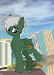 Size: 1800x2500 | Tagged: safe, artist:just rusya, imported from derpibooru, oc, oc only, oc:summer breeze, pegasus, pony, :3, building, car, chest fluff, city, destruction, giant pony, head tilt, hoofprints, kicking, looking back, macro, male, raised hoof, smiling, solo, stallion, street