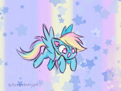 Size: 1212x909 | Tagged: safe, artist:flutterberrypie, imported from derpibooru, rainbow dash, pegasus, pony, blushing, colored pinnae, cute, dashabetes, eye clipping through hair, female, flying, g4, mare, open mouth, open smile, scene interpretation, signature, smiling, solo, spread wings, starry eyes, stars, wingding eyes, wings