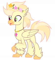 Size: 1280x1417 | Tagged: safe, artist:vi45, imported from derpibooru, oc, oc only, classical hippogriff, hippogriff, beak, flower, flower in hair, folded wings, male, open beak, open mouth, simple background, solo, standing, white background, wings