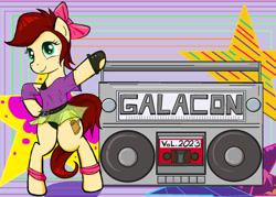 Size: 827x592 | Tagged: safe, artist:sallycars, imported from derpibooru, oc, oc only, oc:canni soda, earth pony, boombox, clothes, galacon, galacon 2023, radio, solo