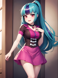 Size: 1152x1536 | Tagged: safe, imported from derpibooru, sonata dusk, human, ai content, ai generated, cute, female, looking at you, open mouth, open smile, smiling, solo, sonatabetes, standing