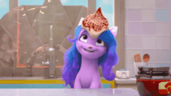 Size: 746x420 | Tagged: safe, imported from derpibooru, screencap, izzy moonbow, pony, animated, food, g5, gif, izzy impaling things, licking, licking lips, loop, my little pony: make your mark, open mouth, pizza, tongue out