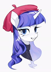 Size: 1446x2048 | Tagged: safe, artist:6ji5z6gmst1j2vs, imported from derpibooru, rarity, pony, unicorn, beatnik rarity, beret, bust, clothes, female, grin, hat, looking at you, mare, simple background, smiling, smiling at you, solo, sweater, turtleneck, white background