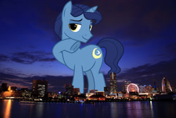 Size: 2047x1365 | Tagged: safe, artist:cheezedoodle96, edit, editor:jaredking779, imported from derpibooru, night light, pony, unicorn, attack on pony, frog (hoof), giant pony, highrise ponies, irl, japan, looking at you, macro, male, photo, ponies in real life, raised hoof, smiling, solo, stallion, story included, underhoof, yokohama