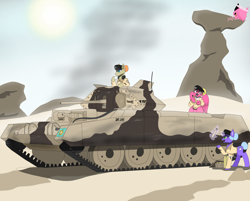 Size: 3616x2912 | Tagged: safe, artist:mairiathus, imported from derpibooru, oc, oc only, earth pony, griffon, pony, unicorn, equestria at war mod, a15 crusader, beret, clothes, desert, female, hat, mare, military uniform, shell, signature, soldier, tank (vehicle), uniform