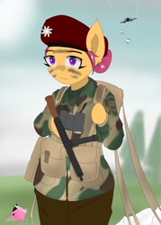 Size: 1040x1456 | Tagged: safe, artist:mairiathus, imported from derpibooru, pony, equestria at war mod, beret, binoculars, bipedal, clothes, female, gun, hat, mare, military uniform, parachute, paratrooper, plane, signature, sky, smiling, solo, sten submachinegun, submachinegun, uniform, war paint, weapon