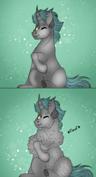 Size: 2630x4848 | Tagged: safe, artist:inisealga, imported from derpibooru, oc, oc only, oc:lunar signal, bat pony, bat pony unicorn, hybrid, unicorn, cheek fluff, cute, ear fluff, fangs, fluffy, horn, hybrid oc, looking at you, neck fluff, one eye closed, sitting, wink