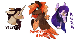 Size: 1200x615 | Tagged: safe, artist:palpine, imported from derpibooru, oc, oc only, oc:aura, oc:pumpkin' smash, oc:velvet, earth pony, pegasus, pony, unicorn, bandana, beanbrows, bust, coat markings, earth pony oc, eyebrows, facial markings, female, floppy ears, horn, magical lesbian spawn, mare, nose piercing, nose ring, offspring, parent:applejack, parent:cheese sandwich, parent:flash sentry, parent:pinkie pie, parent:rainbow dash, parent:twilight sparkle, parents:appledash, parents:cheesepie, parents:flashlight, pegasus oc, piercing, simple background, star (coat marking), transparent background, trio, unicorn oc, wings